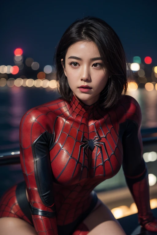 1girl, night, cityscape, city lights, upper body, close up, 8k, raw photos, best quality, masterpiece, realistic, photo realistic, spider-man suit, huge, thick thighs, asian face, short hair, brunette hair