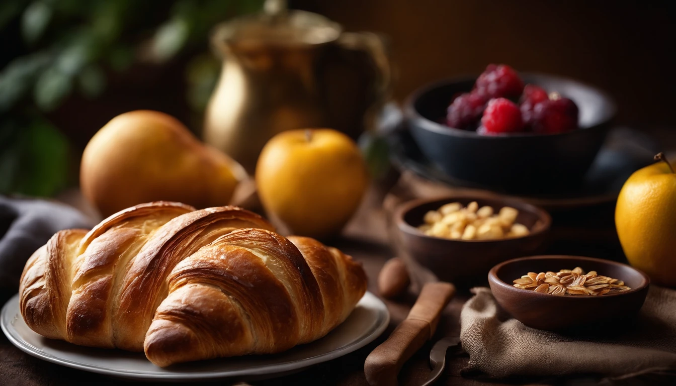 A close-up image of a top view breakfast table, capturing the intricate details of the freshly sliced fruits, the crusty texture of the bread, and the golden layers of the croissants, creating a visually appealing and appetizing image that reflects the joys of a wholesome breakfast.