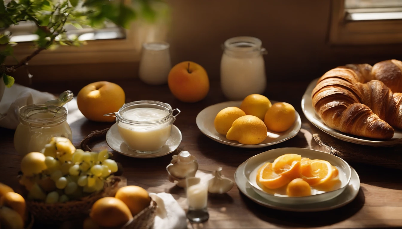 A detailed and realistic image showcasing a top view of a breakfast table adorned with an artful display of sliced fruits, a basket of crusty bread, and a platter of buttery croissants, accompanied by bowls of yogurt and jars of honey, emphasizing the freshness and versatility of a morning spread.
