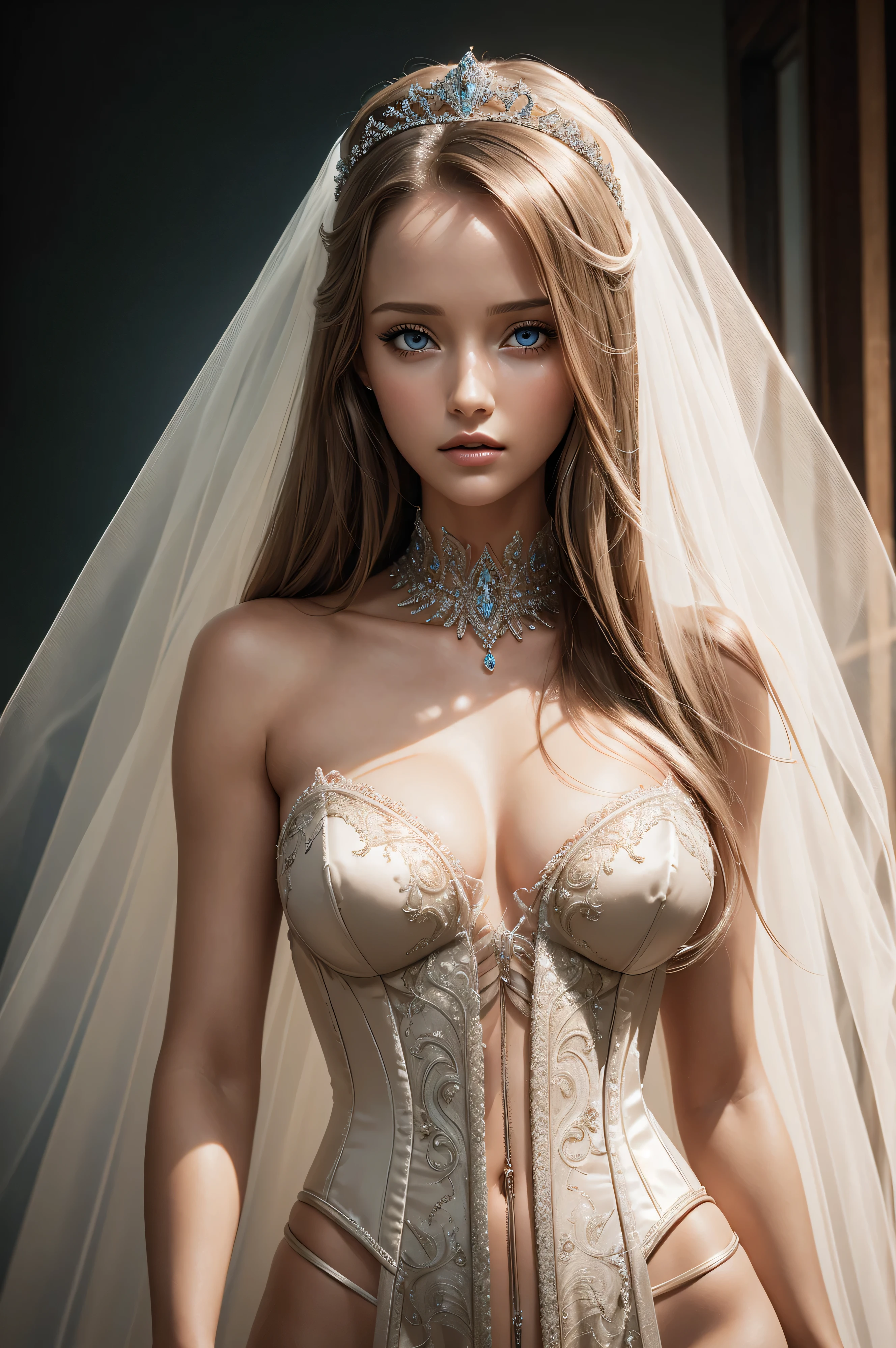 Merritt Patterson, wearing nude veil bride tiara corset sexy clothes transparent. professionally retouched, soft lighting, realistic, smooth face, perfect eyes, sharp focus on eyes, 8 k, high definition, insanely detailed, intricate, elegant. in a natural background.