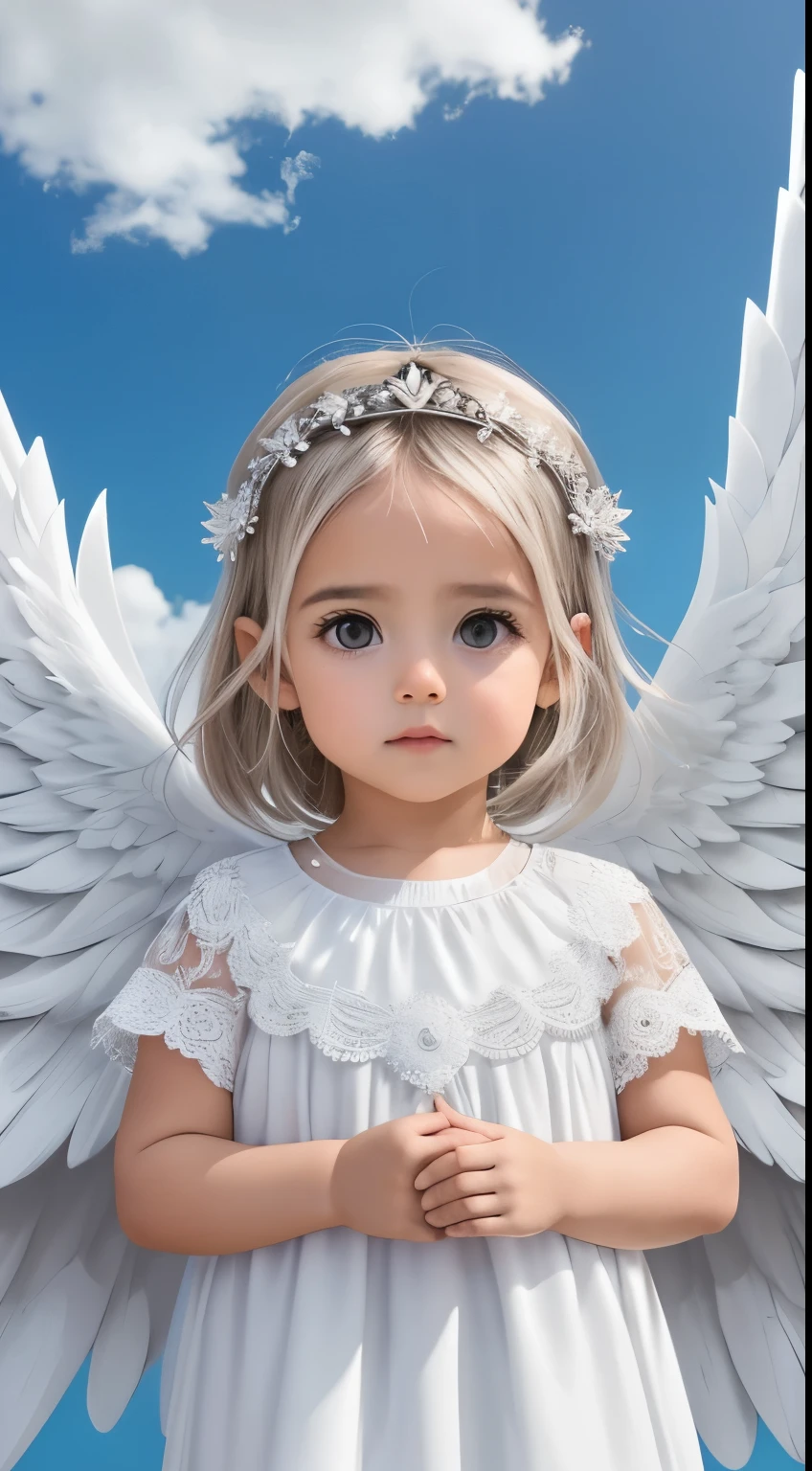 Create a scene of a 1 , com cabelos brancos ondulados, Cabelo branco. rosto bonito e perfeito, olhos azuis, cabelo loiro ondulado. realistic and with angelic wings for prayer videos.  The child must be ing, with a calm expression, vestido com roupas de anjo e staring directly at camera com os olhos abertos. As asas do anjo devem ser delicadas e brancas, fixed on the child.  Baby in a psiacal eonment, com uma suave luz dourada ao seu redor, evocando uma atmosfera de paz e espiritualidade.  This image will be used as a visual representation in prayer videos, creating a sense of serenity, Hope and divine protection.  Concentre-se em capturar detalhes realistas, Por favor, Look up at the camera. foco frontal, staring directly at camera. 8k, Ultra realista