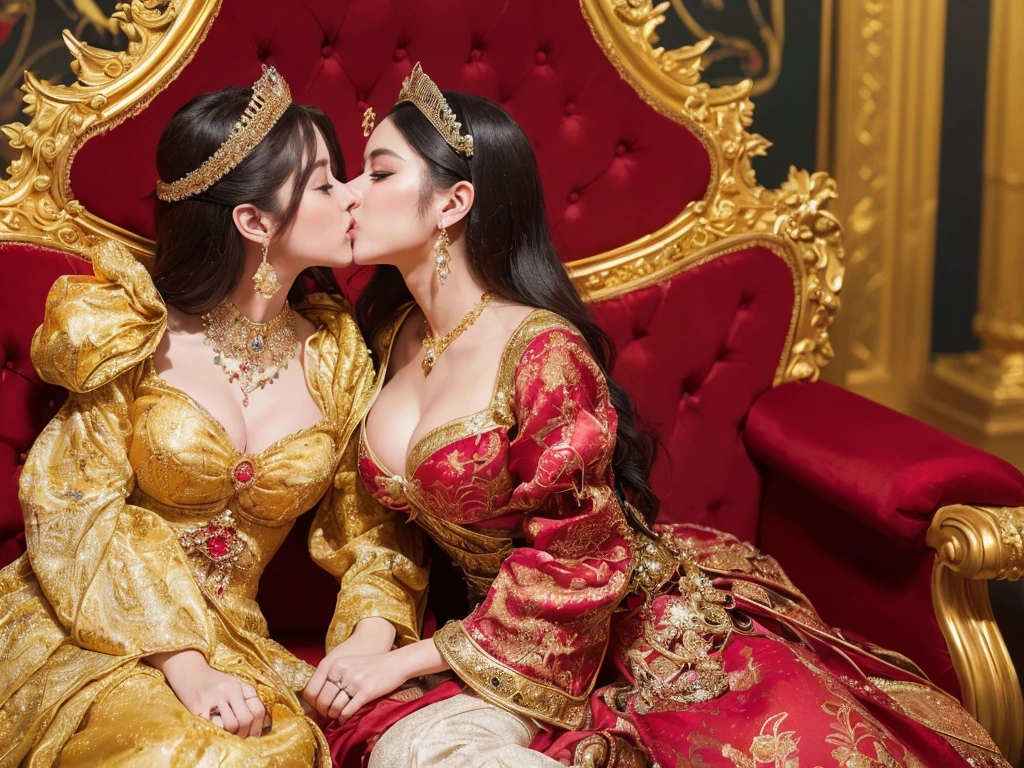 ((1 Japan princess,The best luxury where everything is unimaginable,The most gorgeous costumes in red and gold and white,Red and gold costume,sit on a giant throne,The most luxurious decoration behind the throne,The background is an intricate golden decoration,Everything in the background is gorgeous,Complex and gorgeous backgrounds,Shine intricately,golden glow,Front fixed,The biggest smile staring at the camera,Smile big,Smile affectionately at me,Shooting from close to the face)),((the most gorgeous a throne,Large amount of gilded decorations,Artistic gilded decoration,Large amount of jewelry decoration,The largest giant tiara in the world,detailed gems,detailed ornament,Sparkling costumes,glowing gemstones,Golden sculpture,Giant Gold,Huge decoration,Huge costumes,Huge sleeves,artistic décor,Very fine decoration,Very complex decoration)),(large full breasts,Detailed,royal, An majestic, queen, empress quality,masutepiece, Intricate details,Photorealistic,, Frontal close-up, a throne, upright posture, A detailed face,perfect teeth,White teeth,finerly detailed face,beautiful countenance,Perfect fingers,Accurate 5 fingers,high-definition RAW color photography, professional photograpy, extremely delicate and beautiful, Extremely detailed,finely detail, Huge file size,Top image quality,8K)), (Huge and magnificent seats:1.4), (2girls:1.2), (kiss:1.3), (eye contact:1.2)