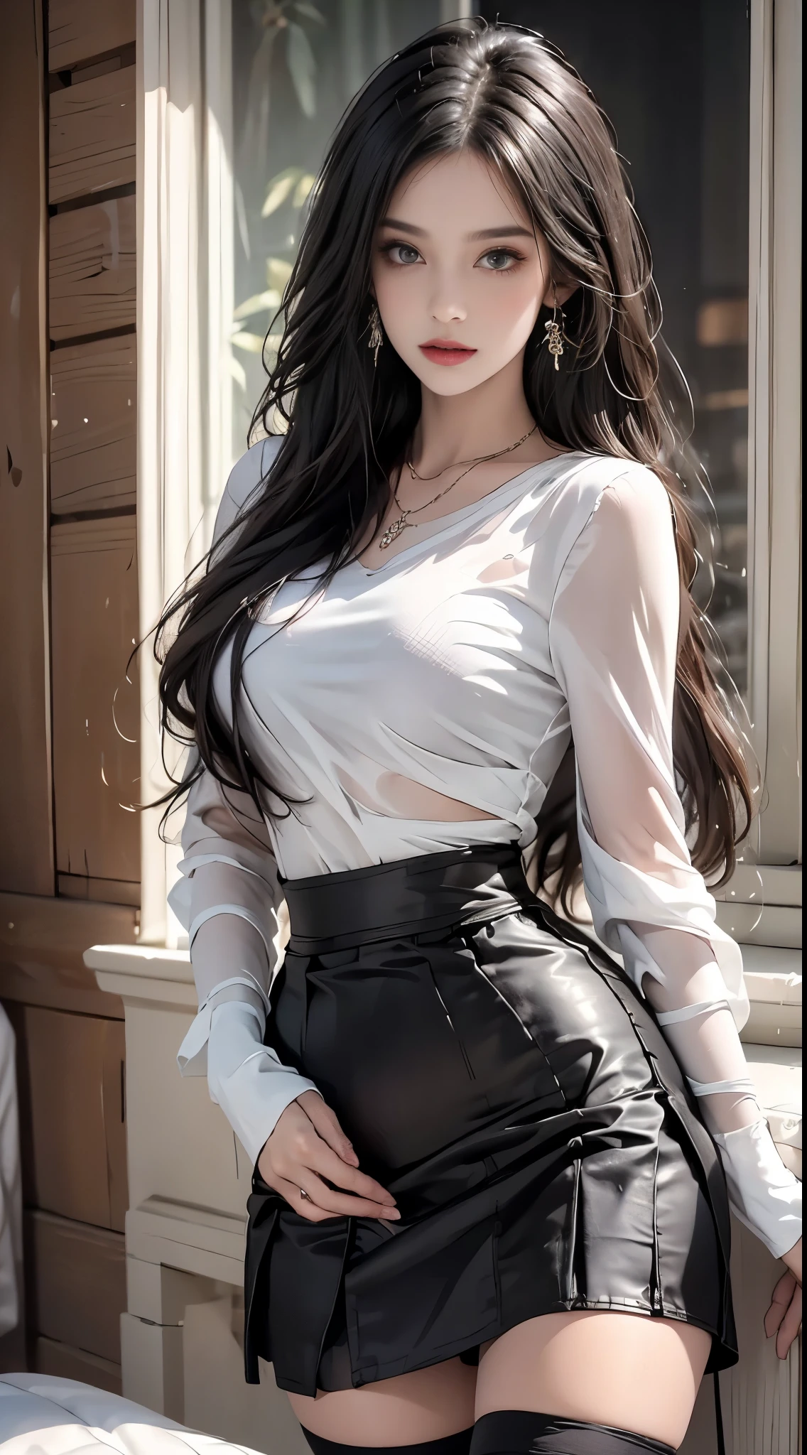 Sweet girl clothes5,high-waist skirt,jewelry,thighhighs,,, midjourney portrait, Best quality:1.4, photo-realism:1.4, skin texture:1.4, masterpiece:1.8, 1 Women, buttocks raised, beautidful eyes, Long-haired, eye socket, jewely, Tattooed with,