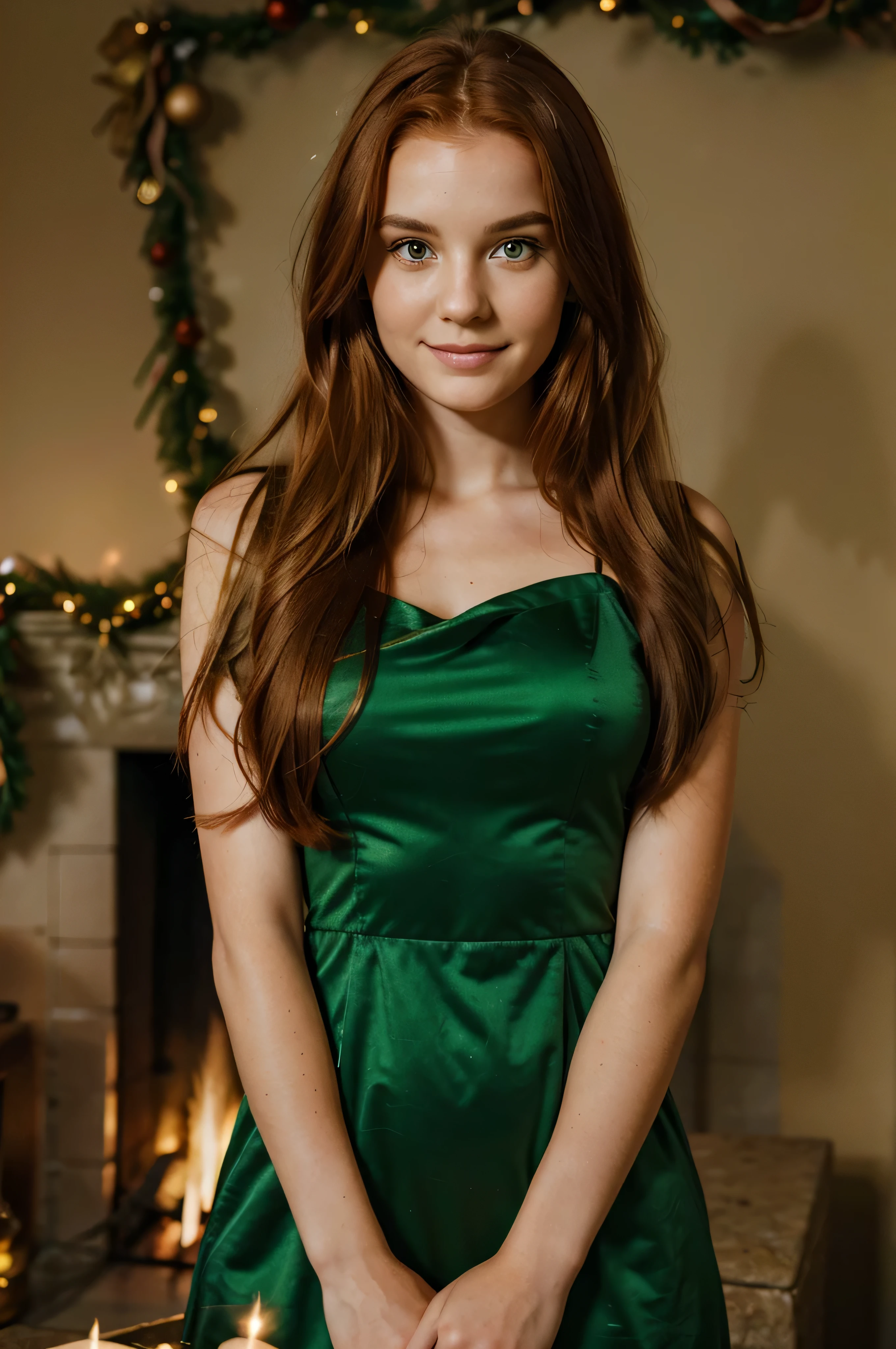 A photorealistic portrait of a 25-year-old German girl with long, flowing red hair and striking green eyes. Wearing a gold Christmas dress, She should have a natural, calming smile, the background should be a fireplace,