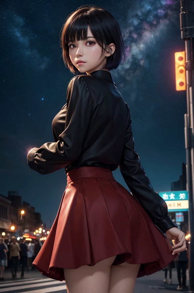 ((masterpiece)), (best quality),, official art, extremely detailed CG unity 8k wallpaper, highly detailed, shiny skin, Depth of field, vivid color,, 1girl, (curvy:0.4), (full body:0.6),, short hair, bangs, red eyes, skirt, looking at viewer, night, street, neon, looking back, star (sky), crowd, upper body,