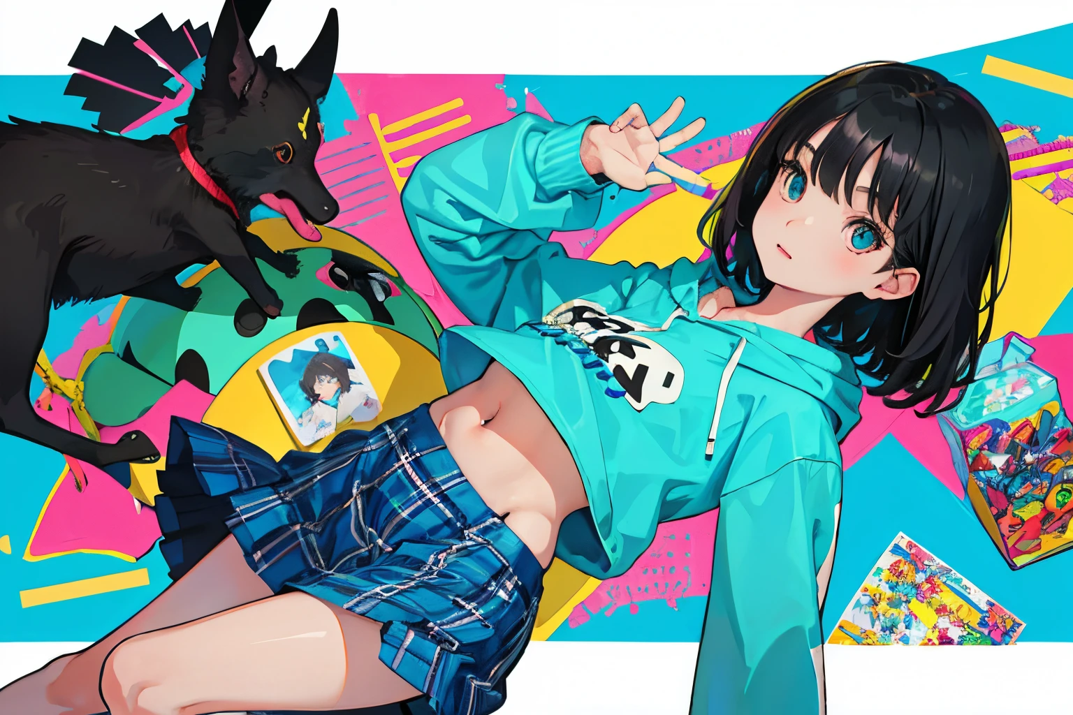 child，（​masterpiece，Highest Quality），turquoise short sleeve hoodie，Crop Top Look，Plaid mini skirt，A dark-haired，Semi-long，World of toys