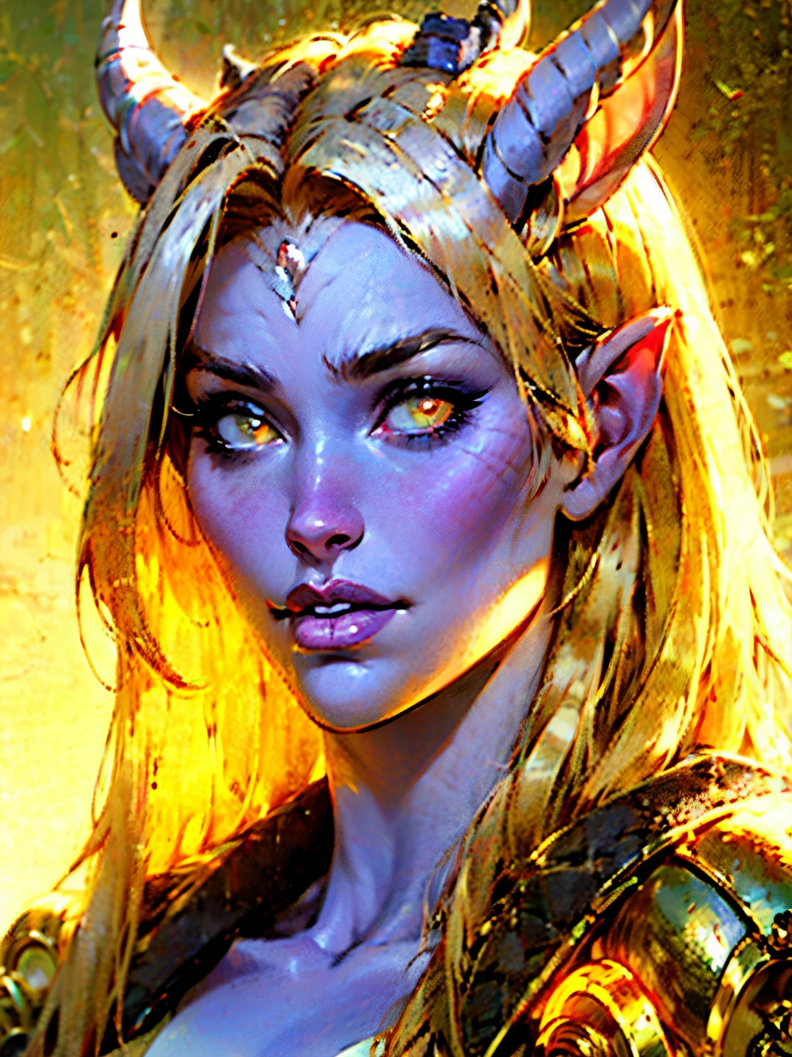 masterpiece, highlydetailed, hyperealistic, portrait of a beautiful draenei female, pale grey skin, perfect face featurs, thin nose, thick kissable parted lips, expressive glowing golden eyes, long silky smooth blond hair, forhead golden rune, draenei horns.