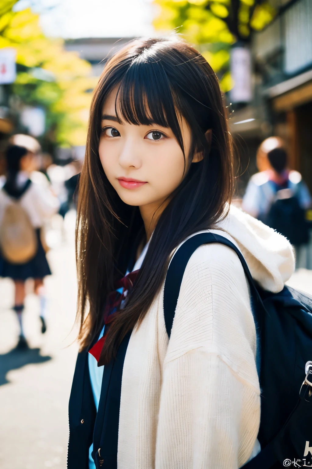 ((Japanese high school girl、Downtown Kyoto、Walking、Shot from a distance、Not looking at the camera、Light blue shirt、a miniskirt、high socks、lowfers、Beige cardigan、Black backpack、Photograph the whole body))、(realisitic、Photorealsitic、ultra-detailliert、Highest Details Skins、top-quality、masterpiece、超A high resolution)、Cute Japan Woman、、1 girl in、I have bangs、二重まぶた、drooing eyes、Large black eyes、Japanese style face