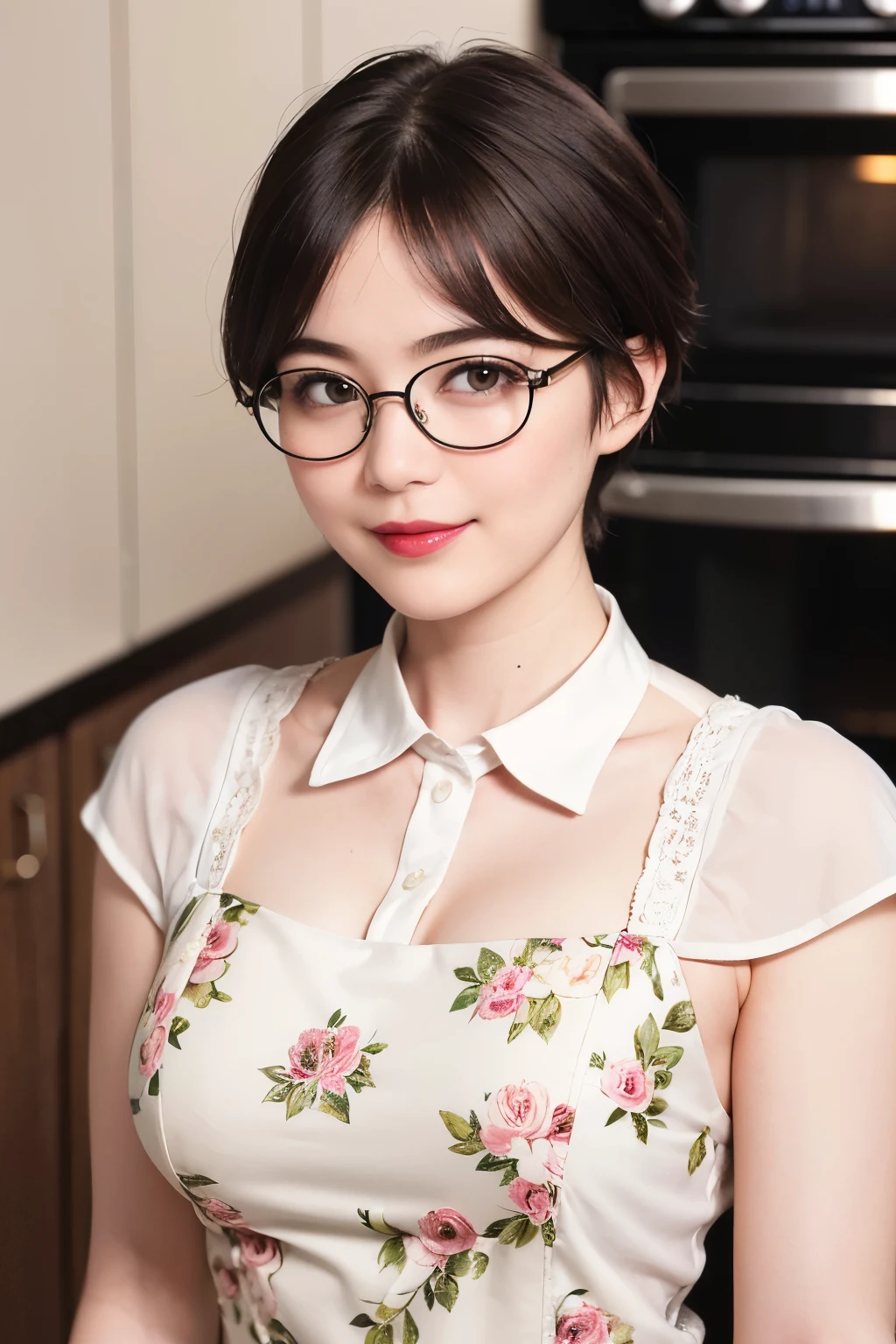 137
(a 20 yo woman, Bread), (A hyper-realistic), (high-level image quality), ((beautiful hairstyle 46)), ((short-hair:1.46)), (Gentle smile), (breasted:1.46), (lipsticks), (wears glasses,wide,kitchin), (florals), (there is an oven)
