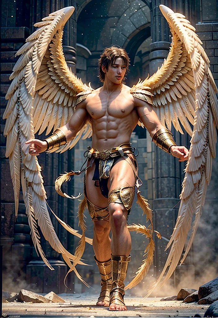 super high resolution, best quality, photo, 4k, (photorealistic: 1.4), cinematic lighting, male angel with large translucent wings, muscular man, abdominal muscles dressed in medieval gold armor, detailed feathers, female angel with large translucent wings, muscular woman, abdominal muscles clad in medieval gold armor, detailed feathers, environment cyberpunk, snow and environment in the background, cathedral, portal of the future, 3D light, HD, magic, god of light, backlighting, detailed face, contrasts, , soft hands, correct anatomy, five fingers.