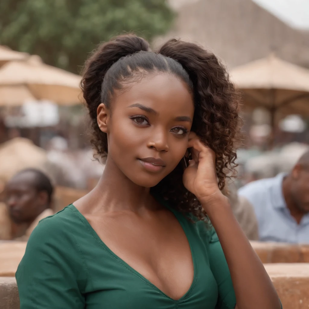 ((Dark African skin, Very deep ebony skin)), ((Its beauty undeniable)), ((Excited cute face)), ((Hyper detailed perfect eyeploring pose)), ((Language output)), ((eating)), ((official dark green shirt, beige chino)), ((Afro ponytail with long African curly hair)), ((skin)), ((sitting, side view)), ((touching her face in a sexy pose)), ((rooftop, restaurant, public city, Nairobi, kenya)), Sharp Focus CGI, photoreallistic, High detail, Realistic, Masterpiece, absurd, Best quality, Hdr, High quality, high-definition, Extremely detailed, 8k wallpaper, Intricate details, 8K UHD, Full-HD, (photo realist:1.2), contrast, intense illumination, lighting cinematic, natural lighting, veilleuse, Nuit, Illumination globale, city walk, Nairobi, Kenya, Uhuru park, a la piscine African women、Female sexy、serious face, people in background