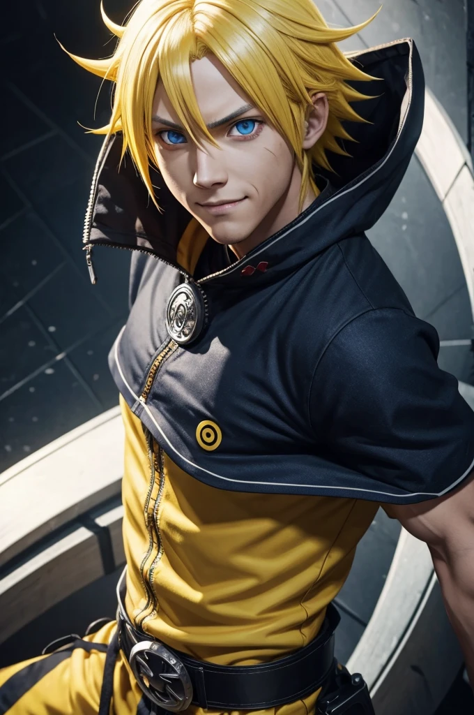 smile, Blood_Skelter, bright eyes, 1boy, uzumaki naruto, blonde hair, yellow clothing, fighting, fighting, battle damage, solo, torn clothes, straight look, very detailed, anime, hd, masterpiece, drawing, 8k, professional, symmetrical, (detailed eyes, iris of eyes:0.5), (looking at camera:0.8), blue eyes, yellow hair, sparks, rays