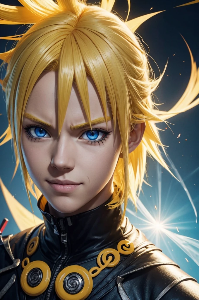 smile, Blood_Skelter, bright eyes, 1boy, uzumaki naruto, blonde hair, yellow clothing, fighting, fighting, battle damage, solo, torn clothes, straight look, very detailed, anime, hd, masterpiece, drawing, 8k, professional, symmetrical, (detailed eyes, iris of eyes:0.5), (looking at camera:0.8), blue eyes, yellow hair, sparks, rays