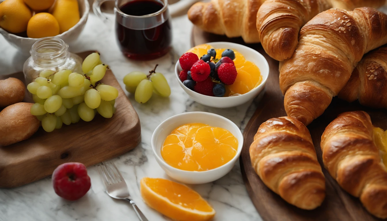An artistic representation of a breakfast table viewed from the top, with an arrangement of fruits, bread, and croissants forming a delightful pattern, showcasing the harmony and balance of colors, shapes, and textures in a visually captivating and inviting image.