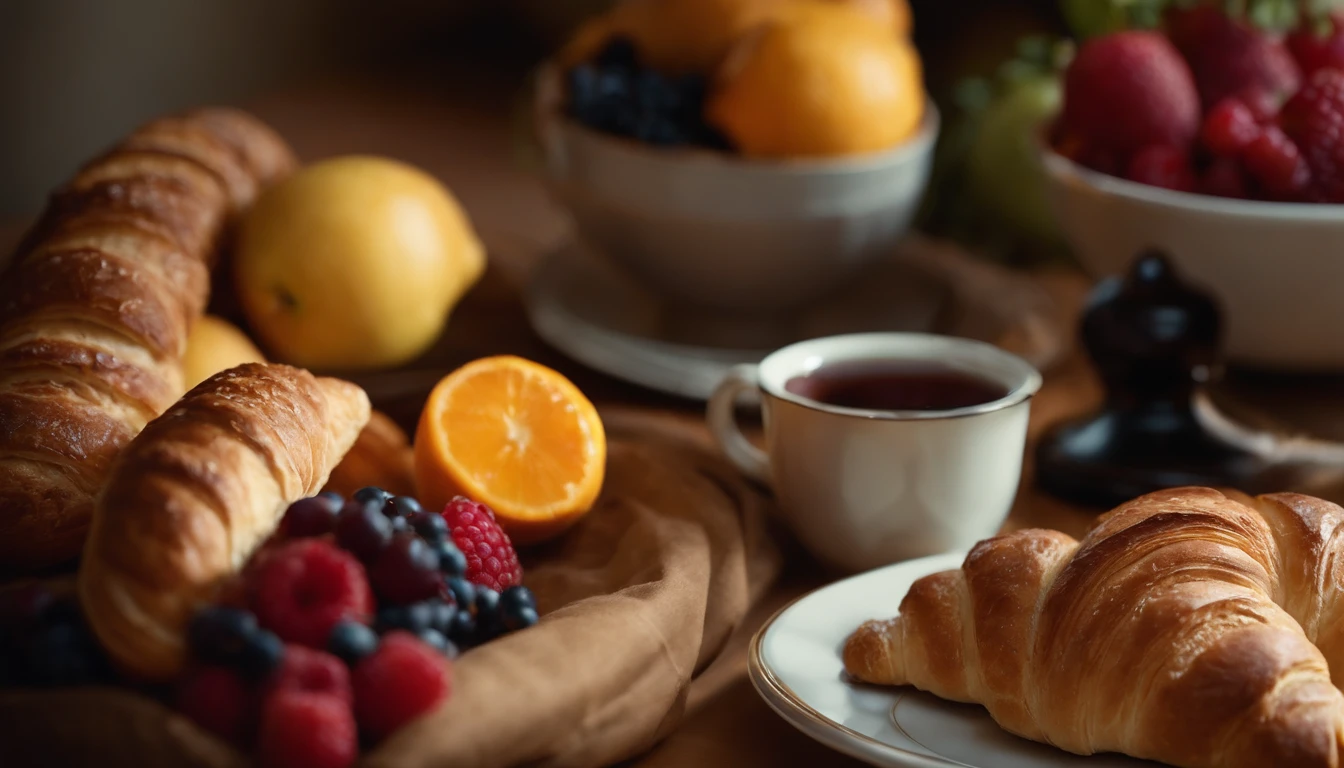 An artistic representation of a breakfast table viewed from the top, with an arrangement of fruits, bread, and croissants forming a delightful pattern, showcasing the harmony and balance of colors, shapes, and textures in a visually captivating and inviting image.