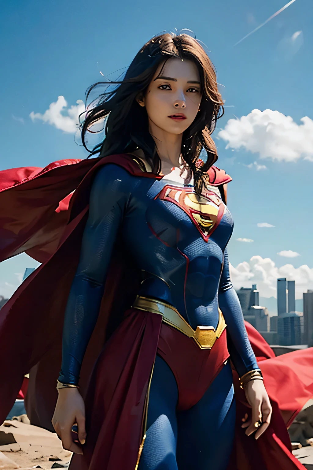 Detailed Superman costume with full sleeves covering the entire body, Characterized by female physique, high quality render, flying though the air, Vivid colors, Dramatic Lighting, red cape, Cinematic Costumes