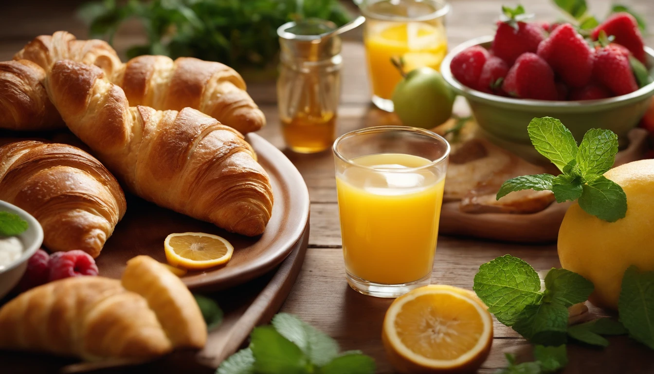 A high-resolution image showcasing a top view of a breakfast table with a bounty of fresh fruits, slices of warm bread, and flaky croissants, adorned with sprigs of mint and drizzles of honey, creating a picturesque and mouthwatering scene that celebrates the pleasures of a wholesome morning meal.