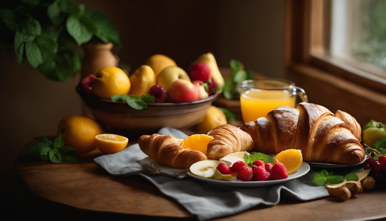 A high-resolution image showcasing a top view of a breakfast table with a bounty of fresh fruits, slices of warm bread, and flaky croissants, adorned with sprigs of mint and drizzles of honey, creating a picturesque and mouthwatering scene that celebrates the pleasures of a wholesome morning meal.