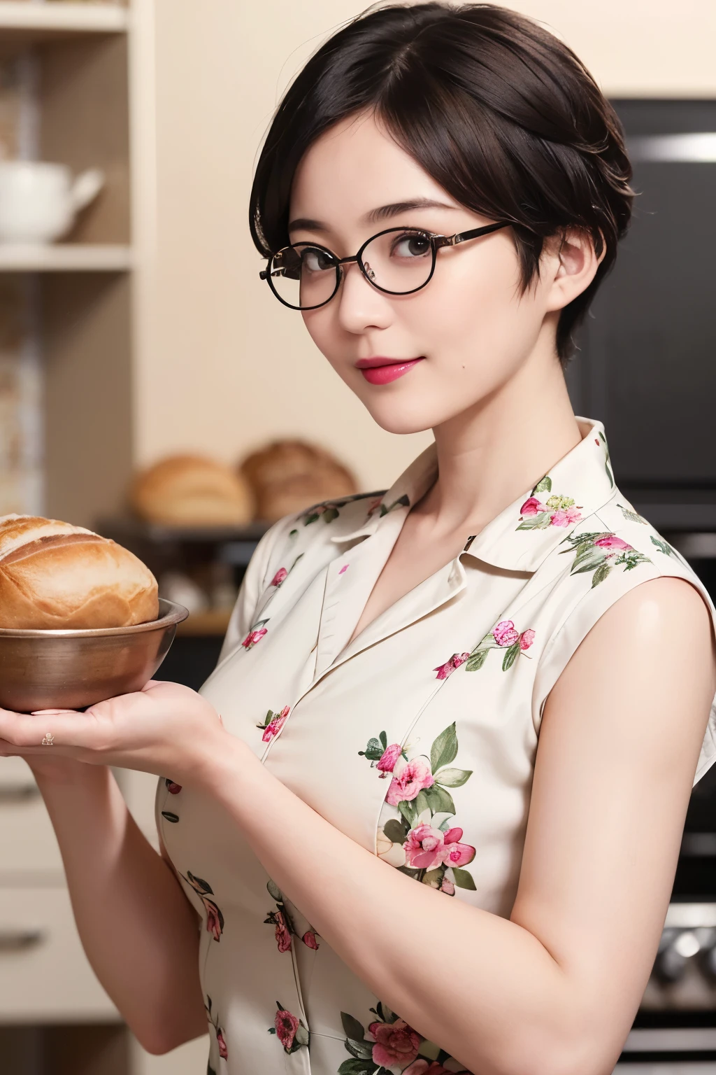 137
(a 20 yo woman, Bread), (A hyper-realistic), (high-level image quality), ((beautiful hairstyle 46)), ((short-hair:1.46)), (Gentle smile), (breasted:1.46), (lipsticks), (wears glasses,wide,kitchin), (florals), (there is an oven)