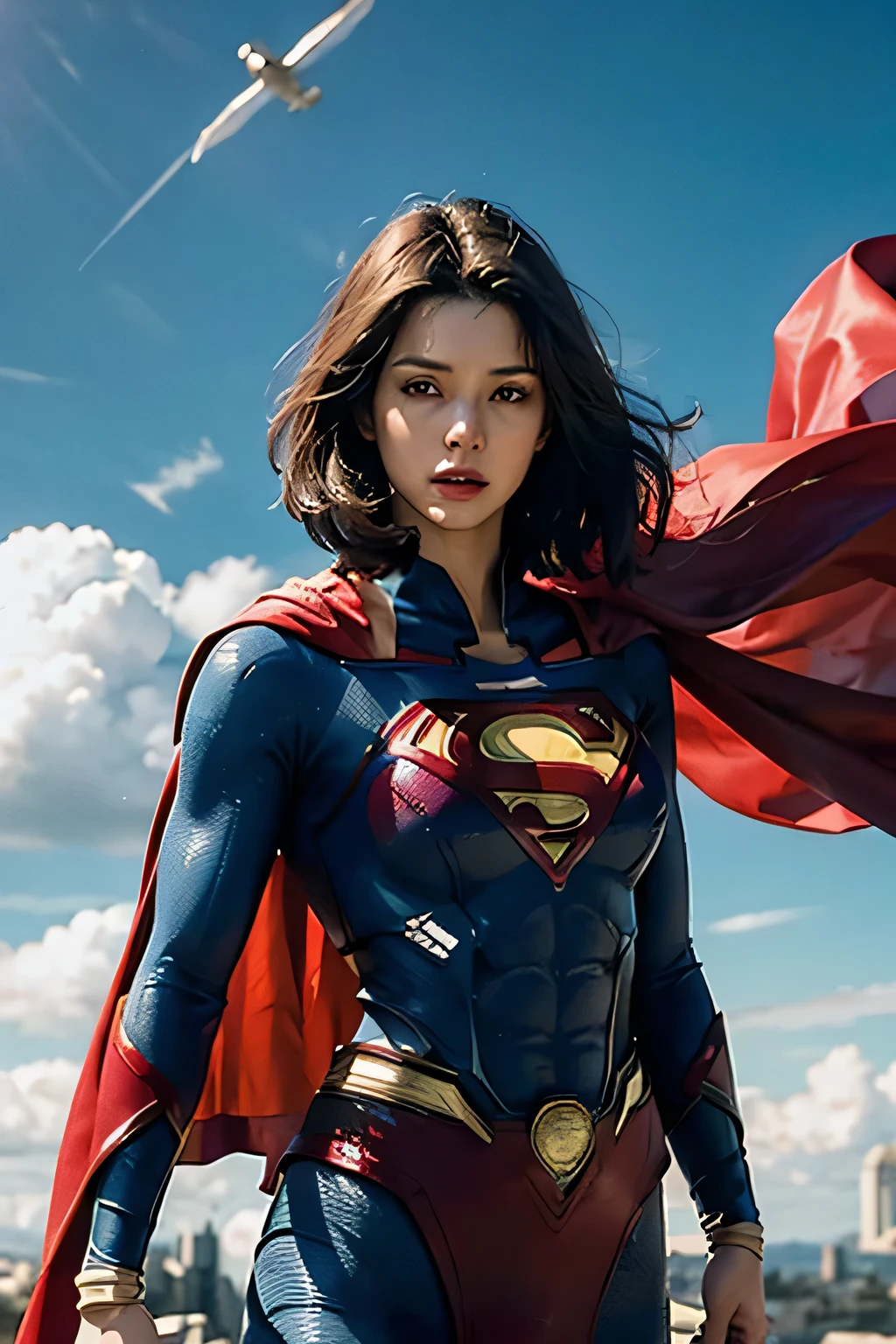 Detailed Superman costume with full sleeves covering the entire body, Characterized by female physique, high quality render, flying though the air, Vivid colors, Dramatic Lighting, red cape, Cinematic Costumes