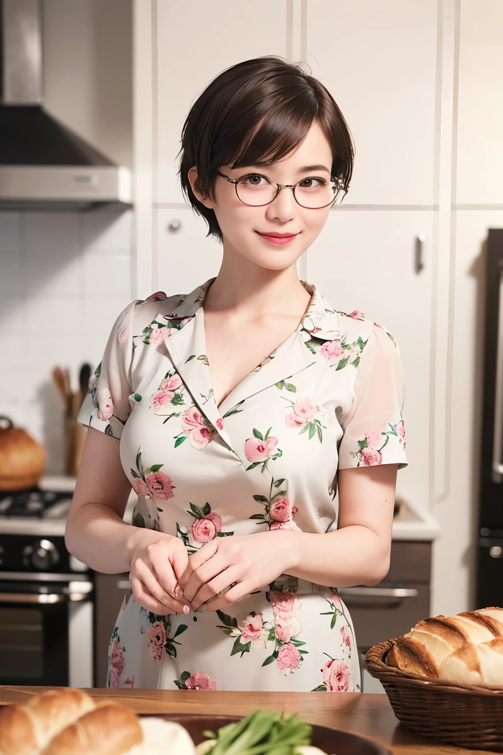 137
(a 20 yo woman, Bread), (A hyper-realistic), (high-level image quality), ((beautiful hairstyle 46)), ((short-hair:1.46)), (Gentle smile), (breasted:1.46), (lipsticks), (wears glasses,wide,kitchin), (florals), (there is an oven)
