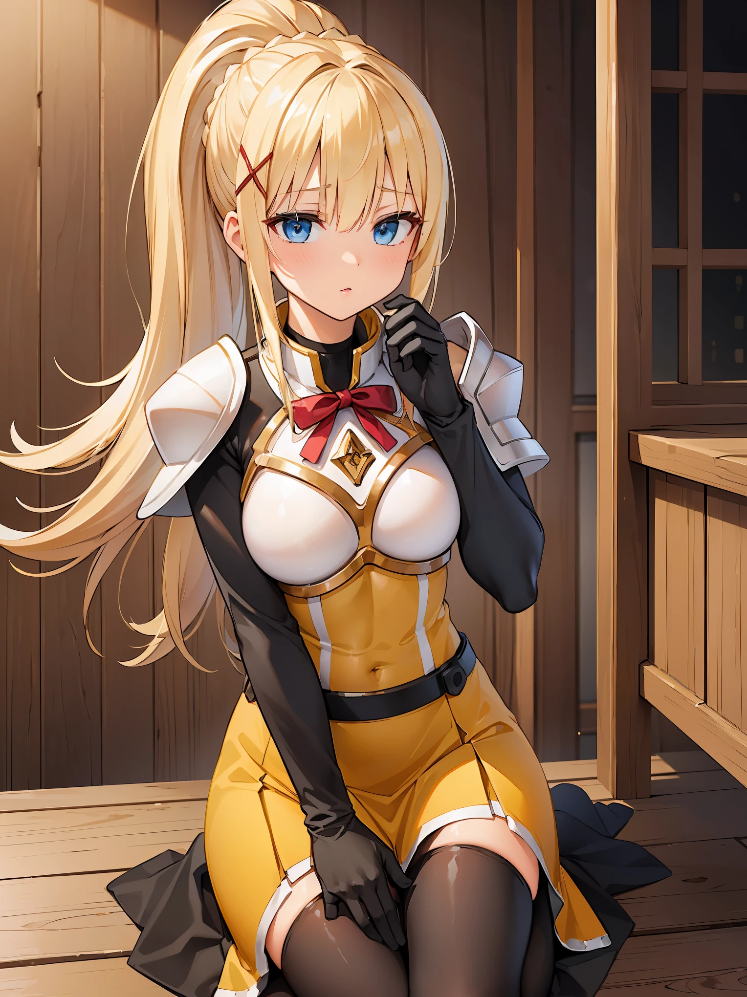 (in 8K, Raw photography, Best Quality, masutepiece: 1.2), high-definition RAW color photography, Professional Photography, Cinematic Light, (animesque:1.2), (1womanl), a blond, ((ksdarkness, ponytail, x hair ornament, armor, shoulder armor, bodysuit, black gloves, Yellow dress, Black long skirt)), (Detailed facial expressions), slenderbody, ((Kamimei, Moisturize the eyes:1.5)), (((overlooking camera work)))，((upperbody shot)), ((wooden building, fantasy world bar i, Sitting on a chair, )), in isekai, Highly detailed, Photography, masutepiece, High quality, High quality, hight resolution, Professional Lighting,