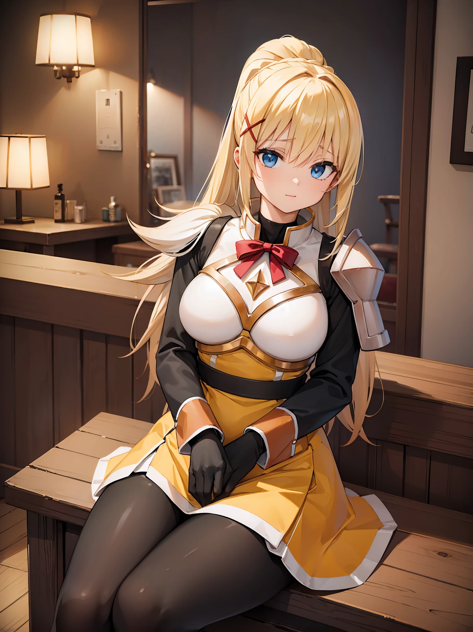 (in 8K, Raw photography, Best Quality, masutepiece: 1.2), high-definition RAW color photography, Professional Photography, Cinematic Light, (animesque:1.2), (1womanl), a blond, ((ksdarkness, ponytail, x hair ornament, armor, shoulder armor, bodysuit, black gloves, Yellow dress, Black long skirt)), (Detailed facial expressions), slenderbody, ((Kamimei, Moisturize the eyes:1.5)), (((overlooking camera work)))，((upperbody shot)), ((wooden building, fantasy world bar i, Sitting on a chair, )), in isekai, Highly detailed, Photography, masutepiece, High quality, High quality, hight resolution, Professional Lighting,