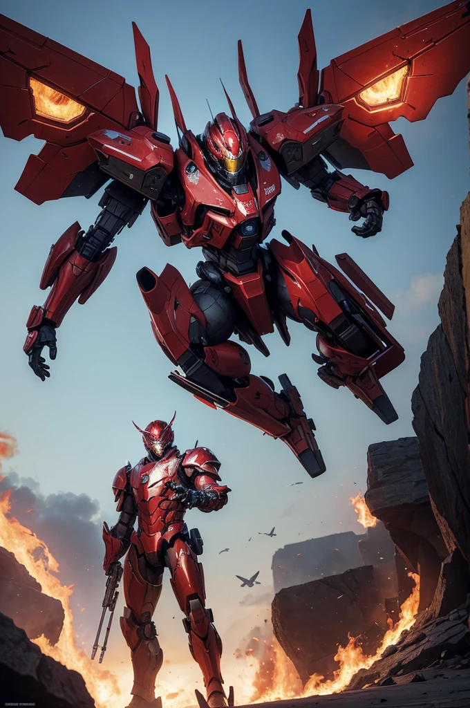 Absurd resolution, high resolution, (masterpiece: 1.4), hyper-detail, a mech, red armor with red wings, floating flight in the sky (1.8) background is wild, fire