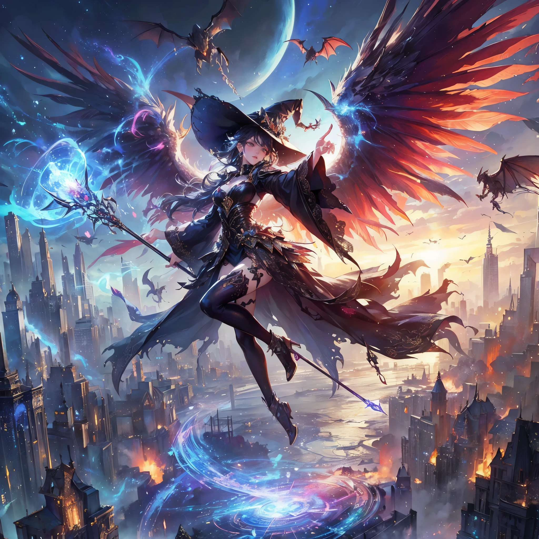 generate a lady name venade, wearing magician outfit with huge succubus wings, while holding a wand, she is a fierce magician who is ready to spell her enemies,she is flying and fighting a dragon in the sky, city background, destroyed city, burned city, sparkling background, aurora effect, digital effect, glimmering effect, ambient effect, from side, masterpiece, best quality:1.2),(8k,highres,RAW photo,realistic,photo-realistic:1.3),(detailed skin texture,detailed cloth texture,beautiful detailed face:1.25),professional lighting,photon mapping,beautiful soft light,radiosity,physically-based rendering,raytracing, model shoot style, model shoot style, (extremely detailed CG unity 8k wallpaper), full shot body photo of the most beautiful artwork in the world