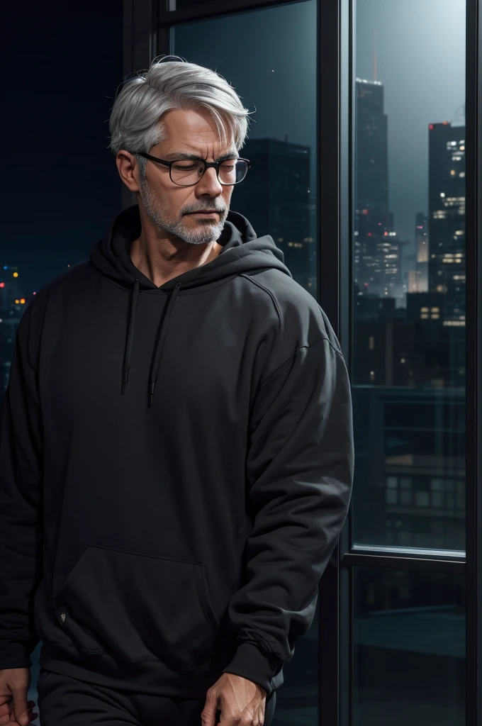 Realistic image of a man with short, gray hair, wearing glasses, wearing a black sweatshirt, eyes closed, walking, mouth ajar, with nothing in his hands, in a night office, night buildings in the landscape through the window