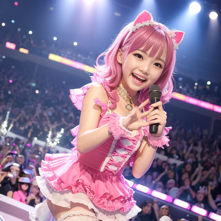 live house、idol、Pink costume(lots of ruffles)、The best smile