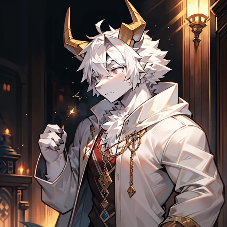 shaggy,male people,youth,Dragon's horns,Gray-white skin with some scalelack pupils,Strong body,Light coat,Ancient style cultivating master,the only person