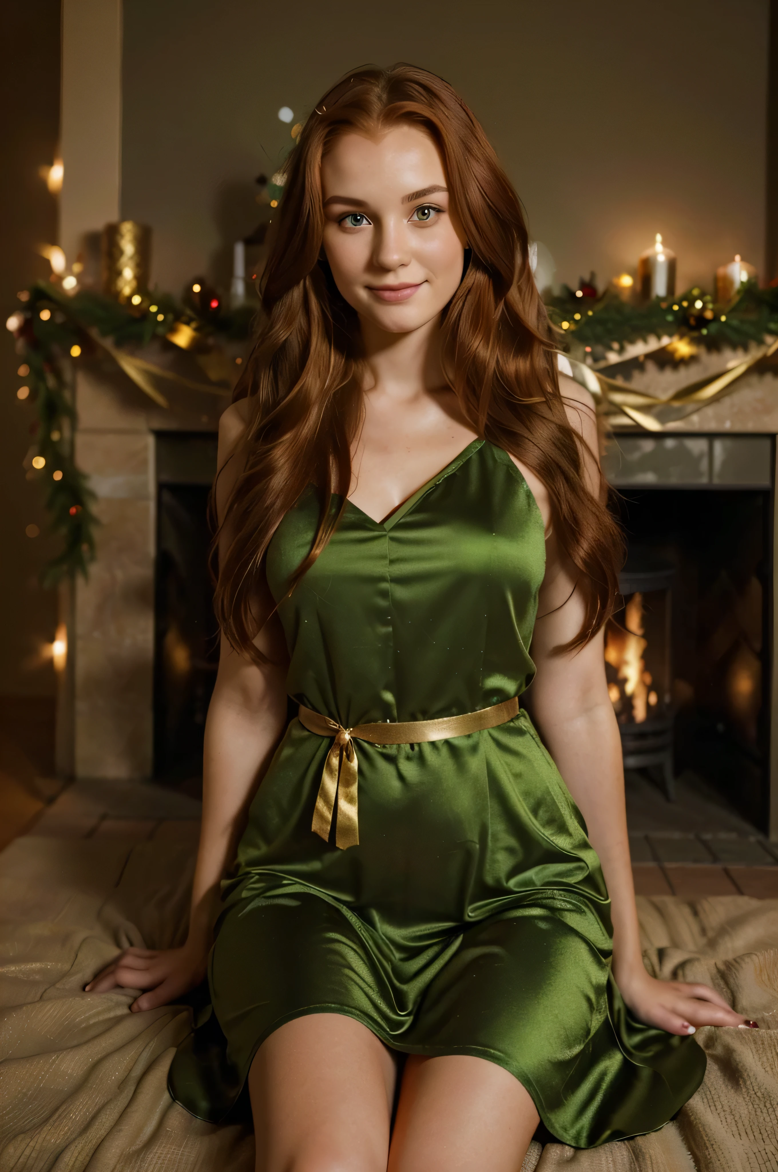 A photorealistic portrait of a 25-year-old German girl with long, flowing red hair and striking green eyes. Wearing a gold Christmas dress, She should have a natural, calming smile, the background should be a fireplace, Capture this image with a high-resolution photograph using an 85mm lens for a flattering perspective."