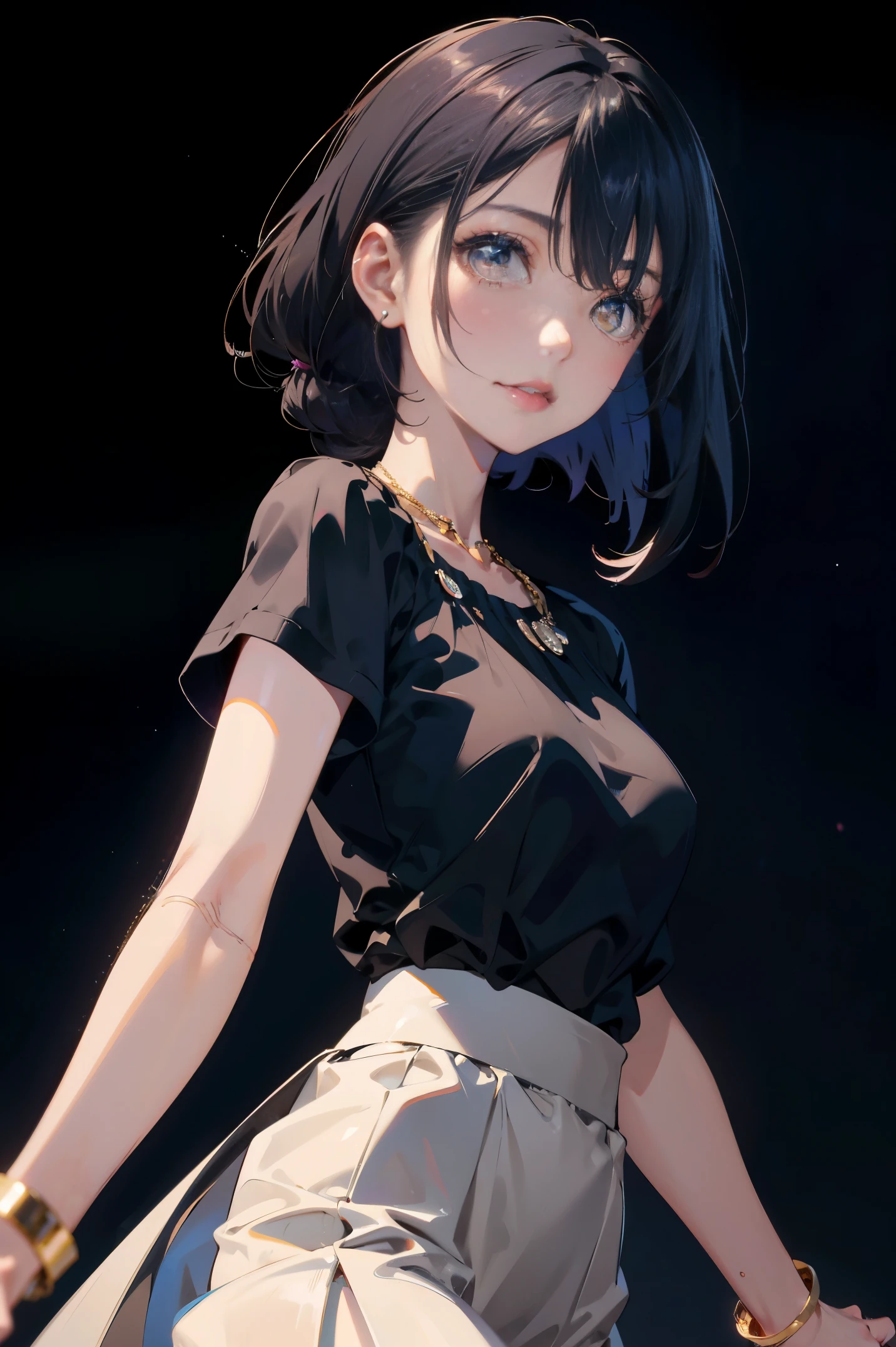 a 20 yo woman、Black blue Hair、poneyTail、(hi-top fade:1.3)、dark themed、Muted Tones、Subdued Color、highly contrast、(natural skin textures、Hyper-Realism、Soft light、sharp)、makeup, mascara, Lips are subdued or colors, simple black background, Minimalism, monotone, simple color palettes, Clean, sharp designs, flowing silhouettes, Tight skirts and pants, high-waisted skirts and pants, simple dresses, shirts and blouses, asymmetrical, geometric, Elegant and luxurious materials and designs, Simple, minimal accessories, Slim necklaces and rings in silver or gold, Simple bangles, Distinctive designs, simple silhouettes, simple and sophisticated style, elegance, minimalism, high quality materials, cool and urban impression, high fashion, simplicity and sophistication,