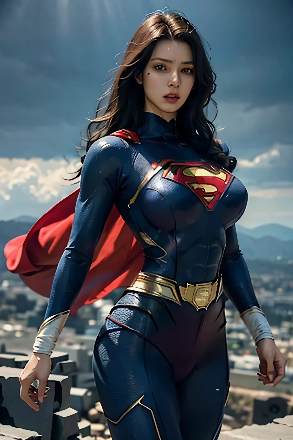 Detailed Superman costume with full sleeves covering the entire body, Characterized by female physique, (Huge breasts), (thin waist), high quality render, flying though the air, Vivid colors, Dramatic Lighting, Cinematic Costumes