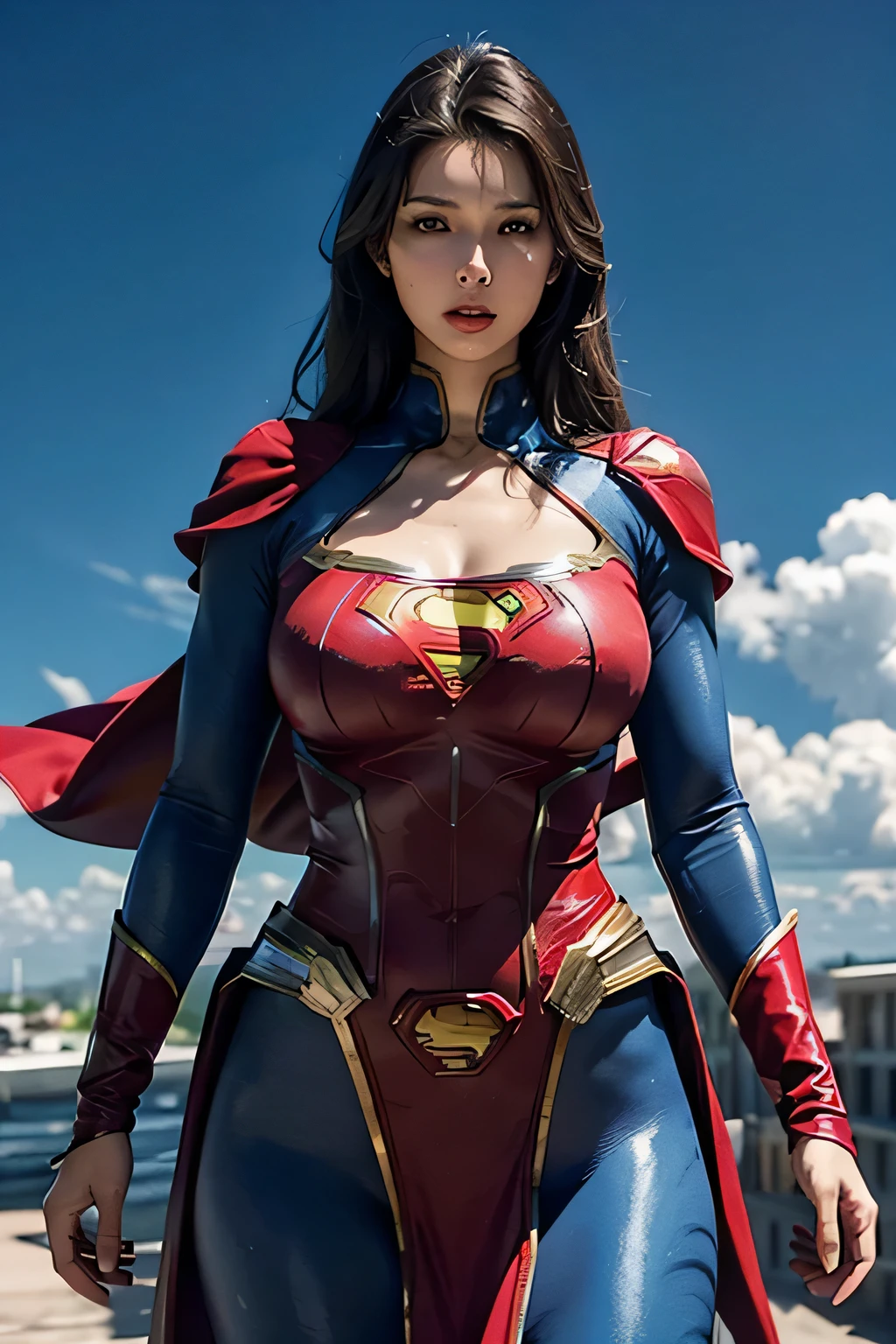 Detailed Superman costume with full sleeves covering the entire body, Characterized by female physique, (Huge breasts), (thin waist), high quality render, flying though the air, Vivid colors, Dramatic Lighting, Cinematic Costumes