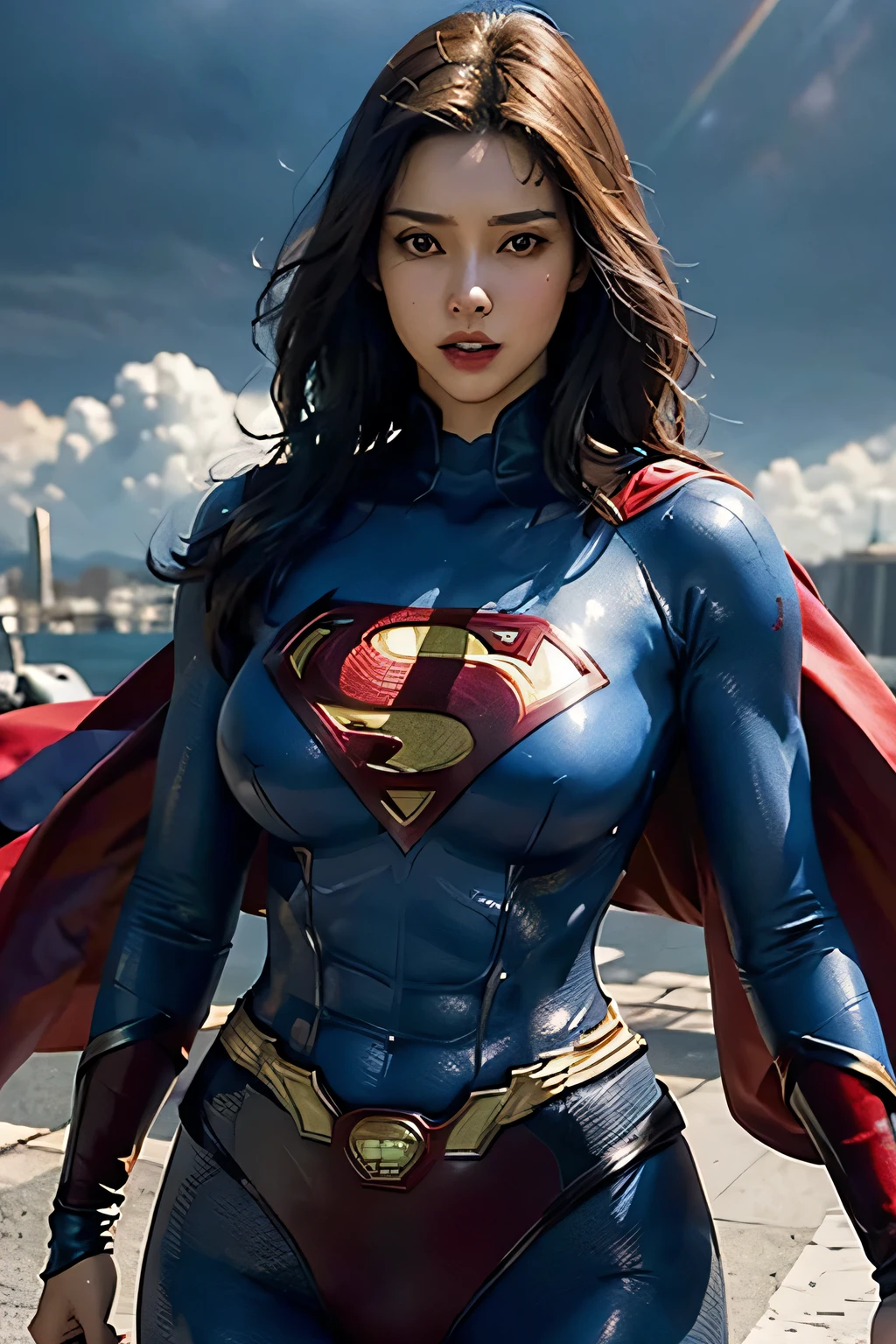 Detailed Superman costume with full sleeves covering the entire body, Characterized by female physique, (Huge breasts), (thin waist), high quality render, flying though the air, Vivid colors, Dramatic Lighting, Cinematic Costumes