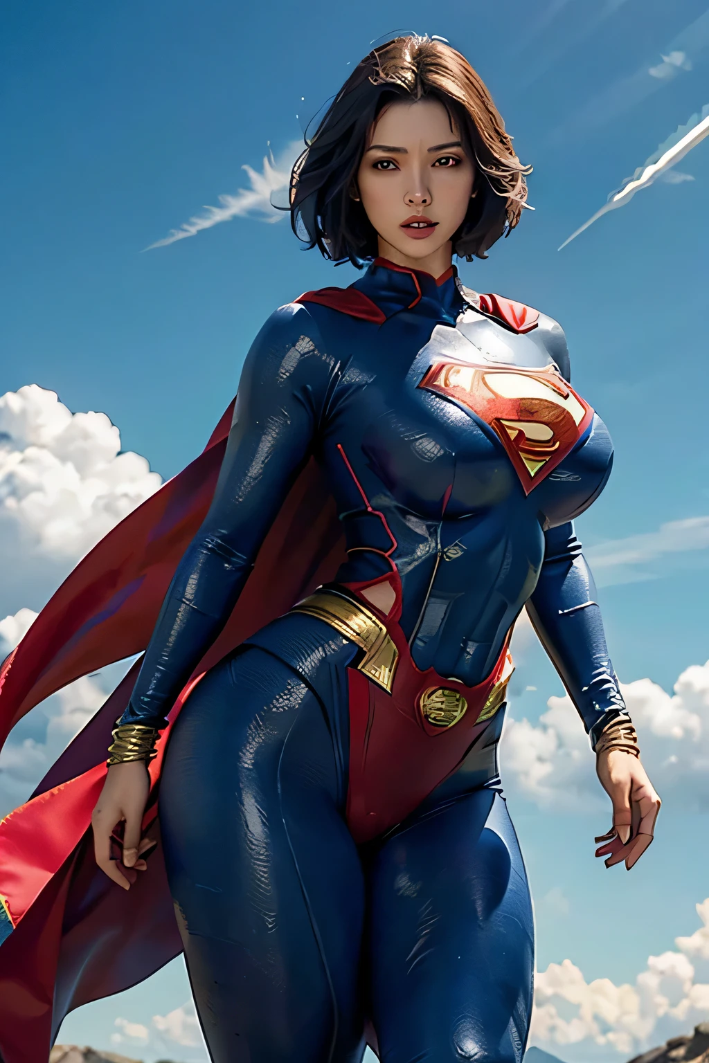 Detailed Superman costume with full sleeves covering the entire body, Characterized by female physique, (Huge breasts), (thin waist), high quality render, flying though the air, Vivid colors, Dramatic Lighting, Cinematic Costumes