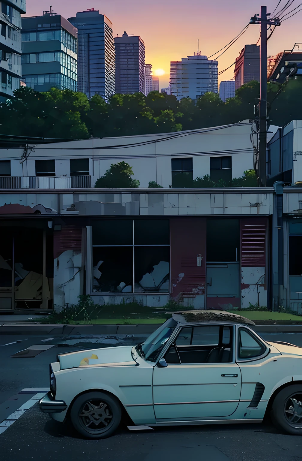 Car Cemetery, muitos carros. Patio with grass. abandoned buildings, carros abandonados, Greenery next to buildings, sun sunset. manga-style