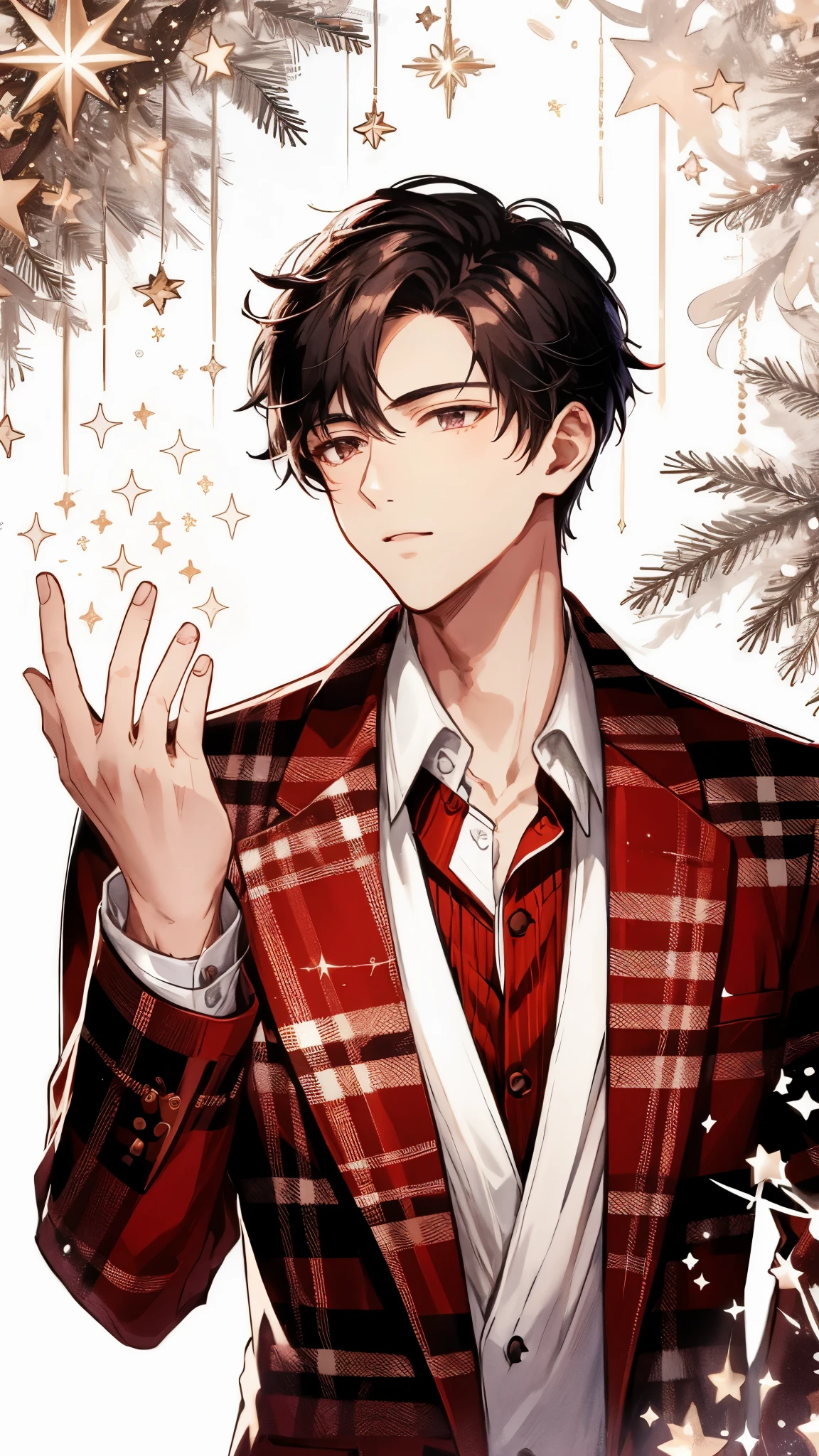 Handsome young man, red patterned suit, white shirt, open collar, hand extended catching small stars, black hair, confident gaze, sparkling stars swirling around, standing, Christmas theme, background is white with the person’s shadow,high quality, amount of drawing, pixiv illustration