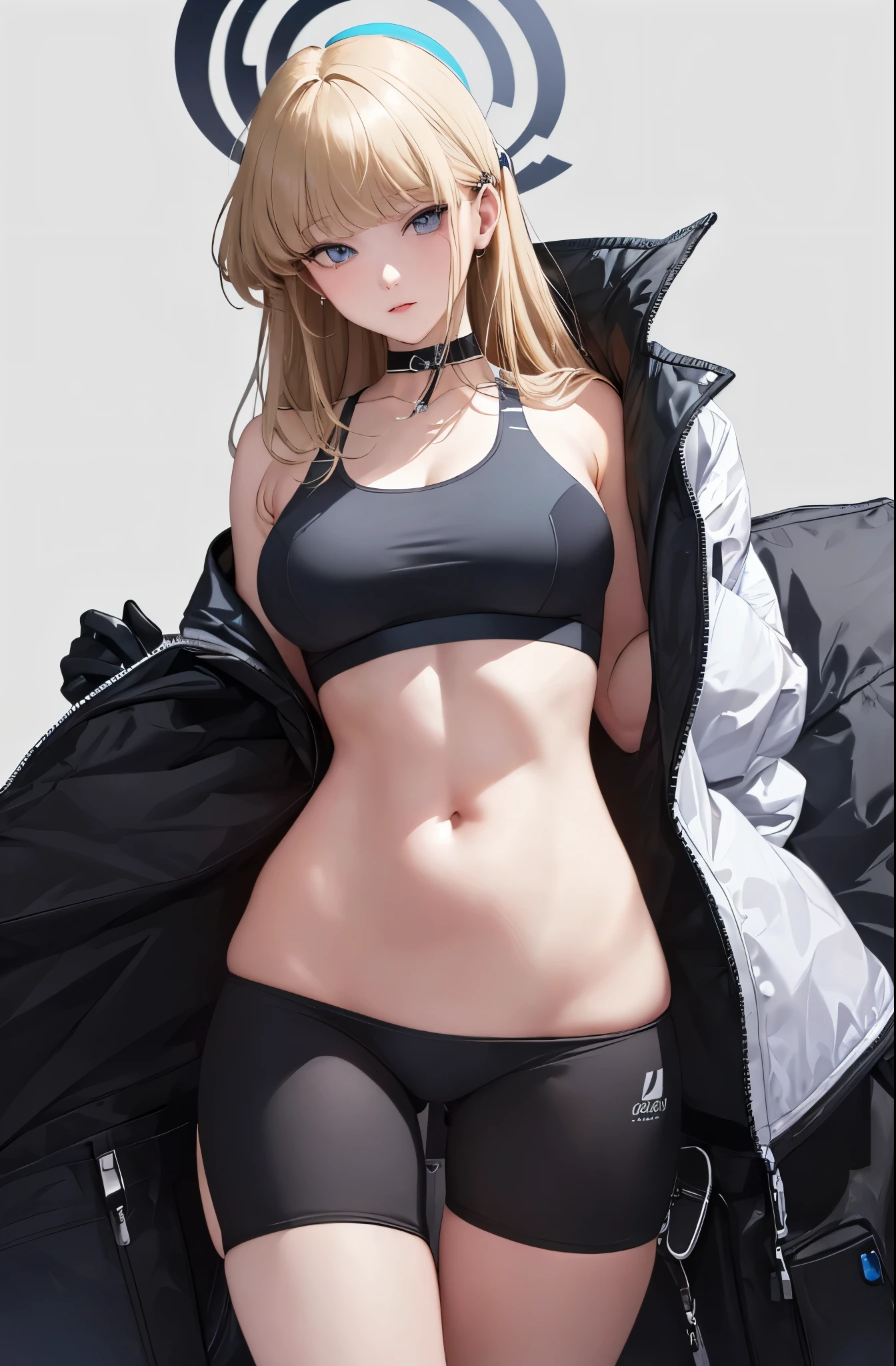 (((masterpiece、top-quality、top-quality、Official art、Beautifully Aesthetic:1.2)))、(1girl in:1.3)、(((a blond)))、ighly detailed、highestdetailed、(((Black Sports Bra)))、(shinny skin)、(Many colors:1.4)、(((Colossal tits)))、large full breasts、Sheer areol