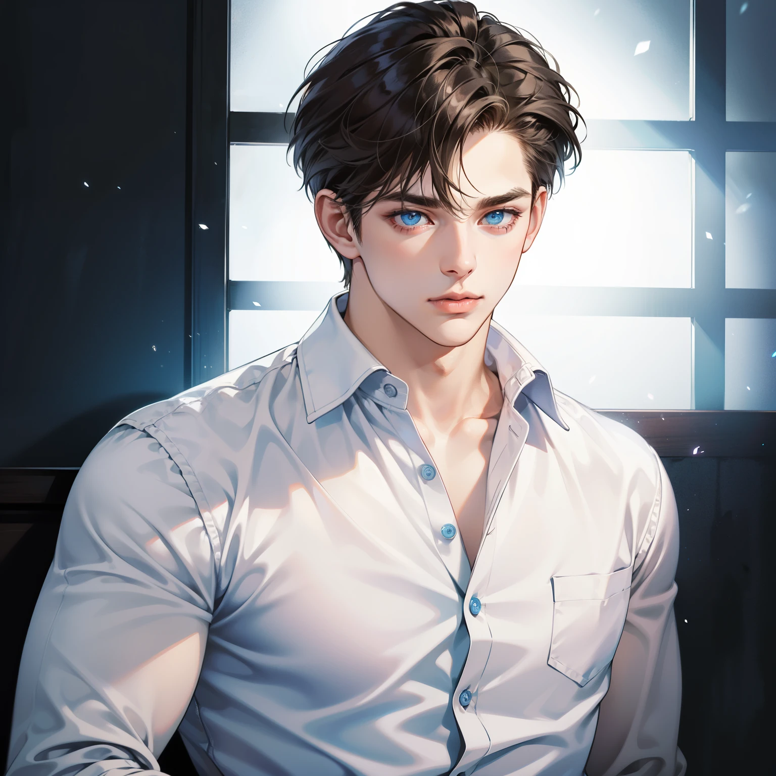 Masterpiece, high quality, best quality, HD, realistic, perfect lighting, detailed body, 1 man, blue eyes, medium hair, dark brown Hair, glowing, sexy white shirt, set background.