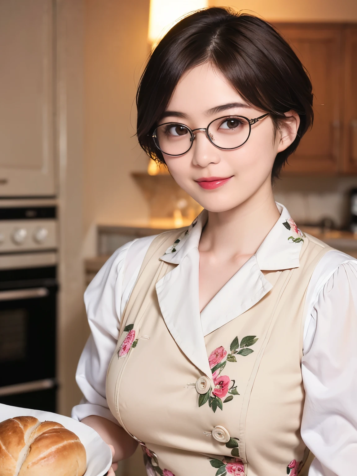 137
(a 20 yo woman, Bread), (A hyper-realistic), (high-level image quality), ((beautiful hairstyle 46)), ((short-hair:1.46)), (Gentle smile), (breasted:1.46), (lipsticks), (wears glasses,wide,kitchin), (florals), (there is an oven)
