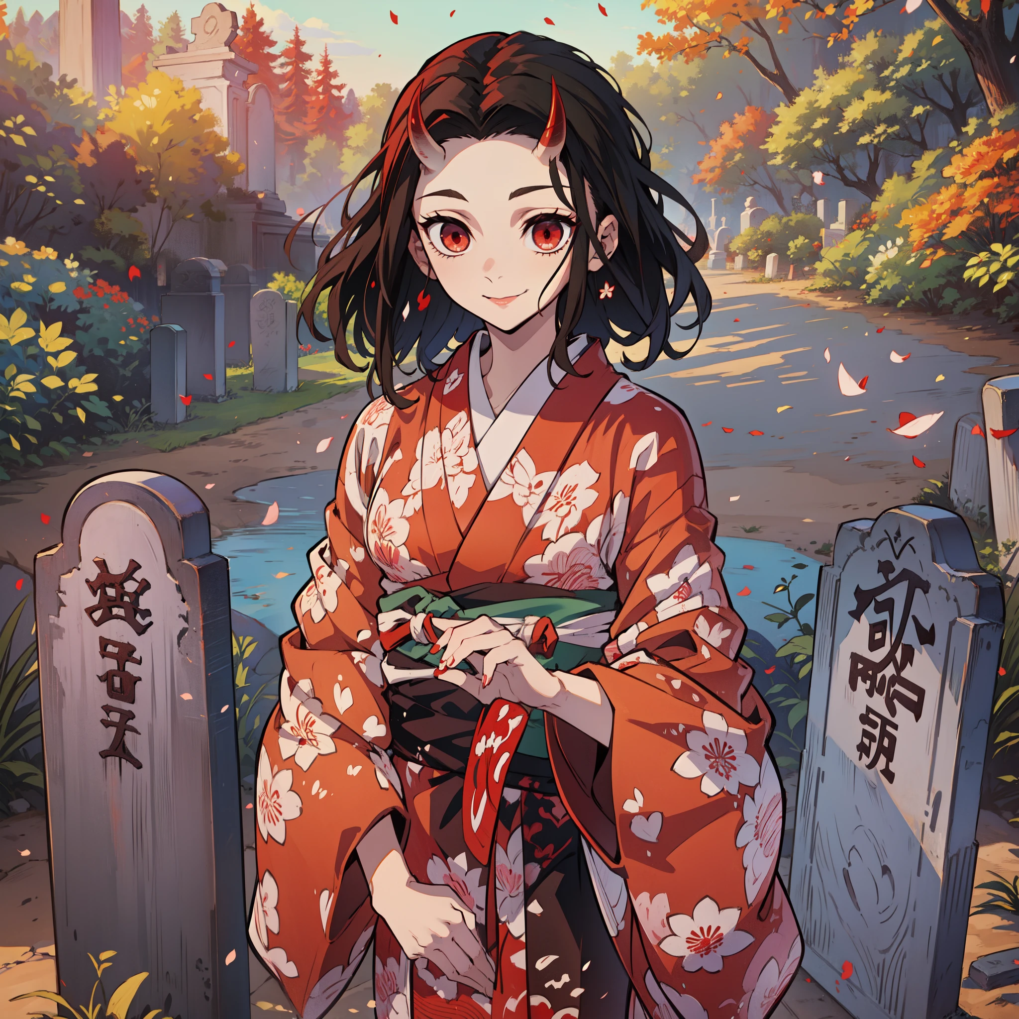 (masutepiece, Best Quality:1.2), kimetsu no yaiba style, Kamado Nezuko, (1girl in, Solo), 18year old, Black Wave hair, (red demon horns:1.5), Red Eyes, Pink kimono, Evil smile, From Side, (In the grave, Japanese style gravestone), see tombstone