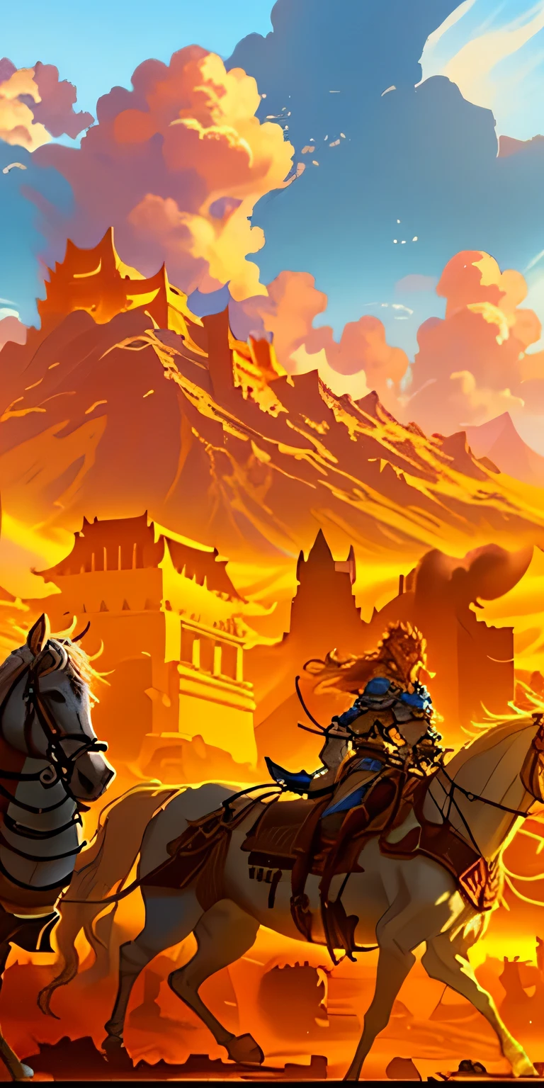 Horse running in the desert，Journey to the West theme sononkey King rides a horse, andreas rocha style, epic fantasy digital art style, 2. 5D CGI anime fantasy artwork, Detailed digital 2D fantasy art, fantasy art behance, epic fantasy sci fi illustration, detailed game art illustration