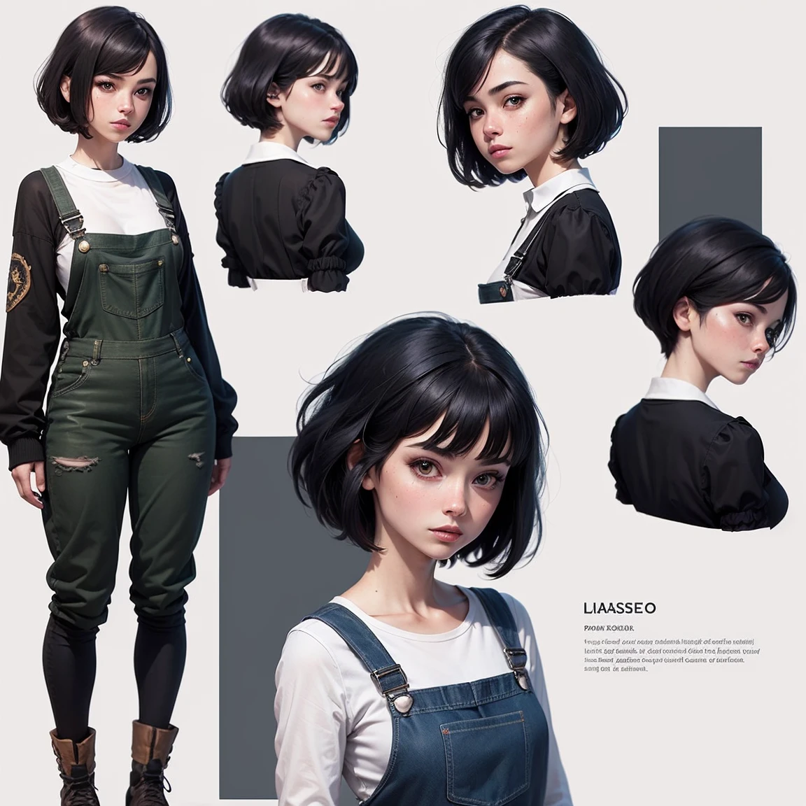 ((masterpiece)),(((best quality))),(character design sheet, same character, front, side, back), illustration, 1woman, short black hair, hairstyle pixie, eyes, environment change scene, Female, wearing overalls Star, ( background, white background: 1.3), --6