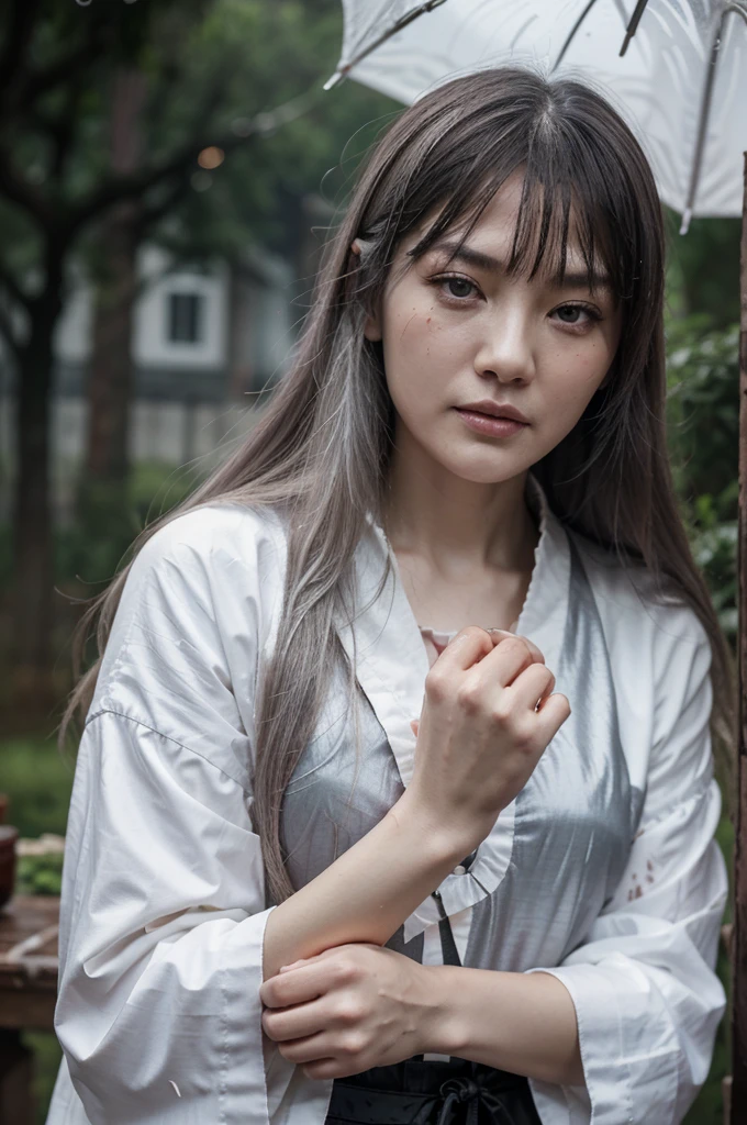 Masterpiece, best quality, night, outdoors, rainy days, branches, Chinese style, ancient China, 1 woman, mature woman, silver white long haired woman, gray blue eyes, light pink lips, cold, serious, weak, bangs, assassins, short knives, white clothes, black clothing patterns, blood stains, blood, injuries, blood on the face, blood on the clothes, rain, fine face, fine face,