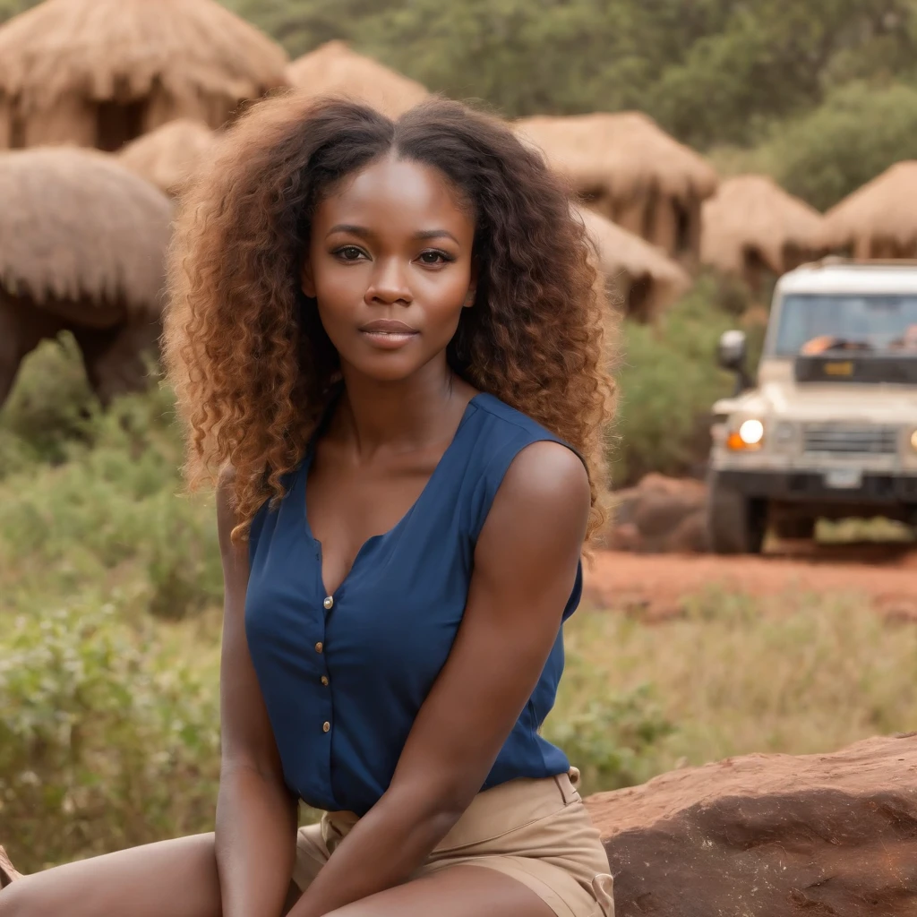 ((Dark African skin, Very deep ebony skin)), ((Its beauty is undeniable)), ((Excited cute face)), ((Hyper detailed perfect eyeploring pose)), ((Language output)), ((safari)), ((navy blue shirt, beige chino)), ((Afro ponytail with long African curly hair)), ((full body)), ((skin)), ((sitting in a jeep, side view)), ((touching her face in a sexy pose)), ((safari, Masai mara, wildlife in background, kenya)), Sharp Focus CGI, photoreallistic, High detail, Realistic, Masterpiece, absurd, Best quality, Hdr, High quality, high-definition, Extremely detailed, 8k wallpaper, Intricate details, 8K UHD, Full-HD, (photo realist:1.2), contrast, intense illumination, lighting cinematic, natural lighting, veilleuse, Nuit, Illumination globale, city walk, Nairobi, Kenya, Uhuru park, a la piscine African women、Female sexy、serious face, people in background