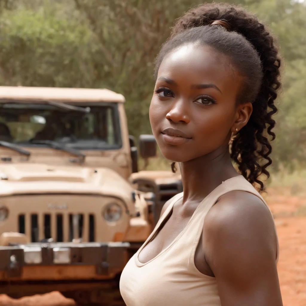 ((Dark African skin, Very deep ebony skin)), ((Its beauty is undeniable)), ((Excited cute face)), ((Hyper detailed perfect eyeploring pose)), ((Language output)), ((safari)), ((navy blue shirt, beige chino)), ((Afro ponytail with long African curly hair)), ((full body)), ((skin)), ((sitting in a jeep, side view)), ((touching her face in a sexy pose)), ((safari, Masai mara, wildlife in background, kenya)), Sharp Focus CGI, photoreallistic, High detail, Realistic, Masterpiece, absurd, Best quality, Hdr, High quality, high-definition, Extremely detailed, 8k wallpaper, Intricate details, 8K UHD, Full-HD, (photo realist:1.2), contrast, intense illumination, lighting cinematic, natural lighting, veilleuse, Nuit, Illumination globale, city walk, Nairobi, Kenya, Uhuru park, a la piscine African women、Female sexy、serious face, people in background