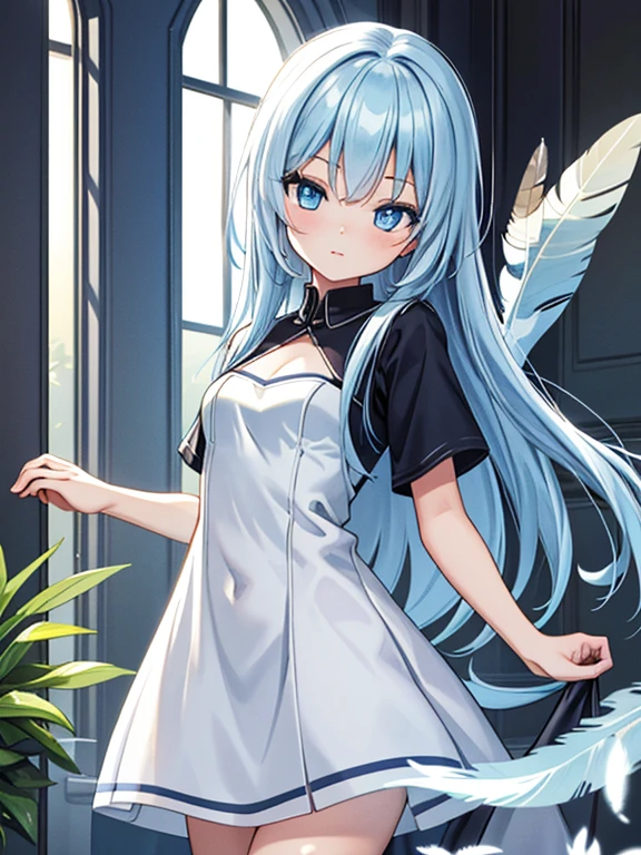 ((masterpiece、top-quality:1.5、a high chroma:1.5、ultra-detailliert、high-resolution illustrations:1.5、Ultra-high-definition CG、8k size wallpaper、offcial art))、,(highly colorful:1.5),(front view:1.5),(1girl),(Cute :1.5)、(Shining blue eyes:1.5),(Beautiful face:1.5,Beautiful eyes:1.5)、(close to viewer:1.5),(Shining blue eyes:1.8)、
(glare:1.3)、(sexy body),(ultra-thin dress:1.5), (Beautiful ultra-thin dress every detail),(a halo shines),(medium breasts:1.5),(Shining blue eyes:1.8)、(cowboy shot:1.5)、(Feathers of light:1.5), colourfull、